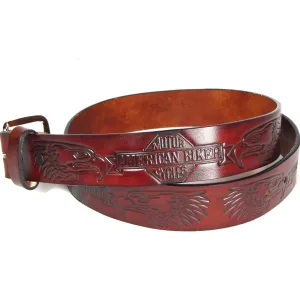 A102  1 1/2" Antique Finish Belt- American Biker w/Eagle Heads