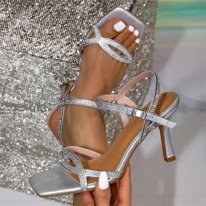 ADVBRIDGE  -  Silver Rhinestones Crystal Diamond Buckle Strap High Heels Women Sexy Open Toe Heeled Sandals Summer Elegant Party Dress Shoes