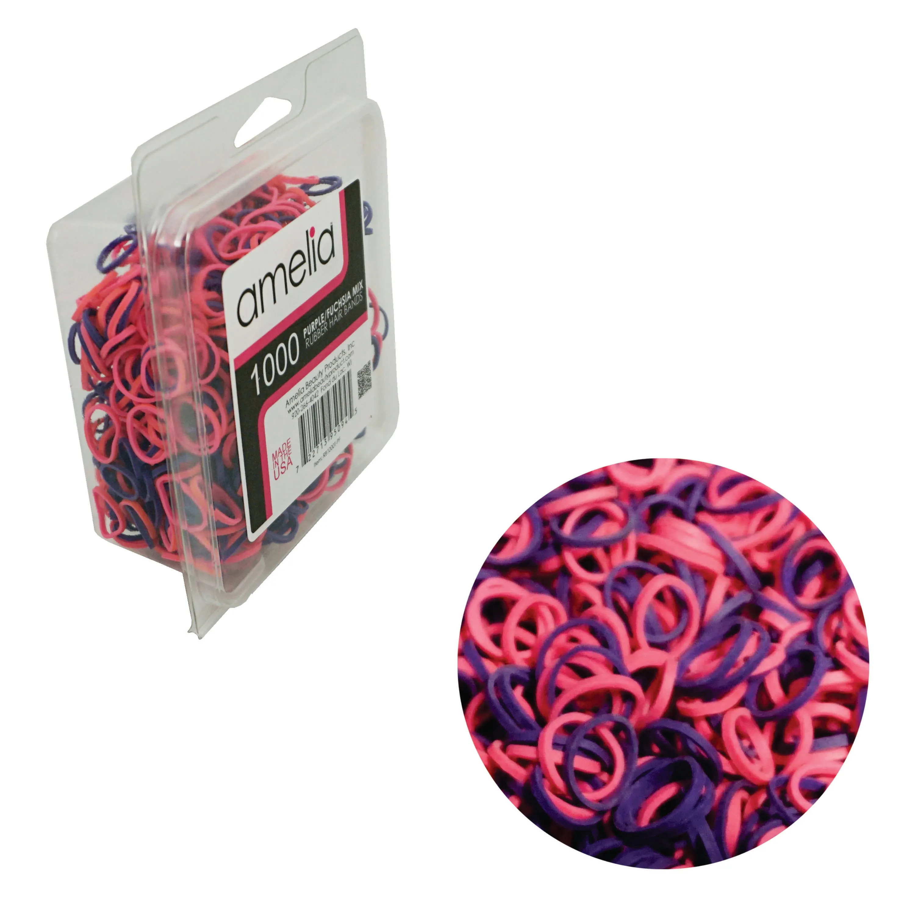 Amelia Beauty | 1/2in, Purple and Fuchsia Mix, Elastic Rubber Band Pony Tail Holders | Made in USA, Ideal for Ponytails, Braids, Twists, Dreadlocks, Styling Accessories for Women, Men and Girls | 1000 Pack