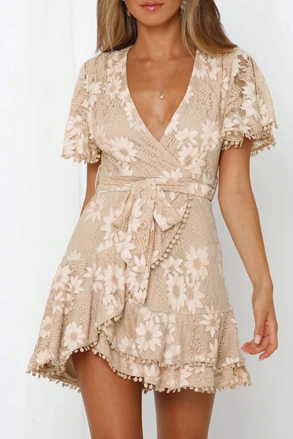Apricot Flutter Sleeve Wrap V Neck Floral Lace Short Dress