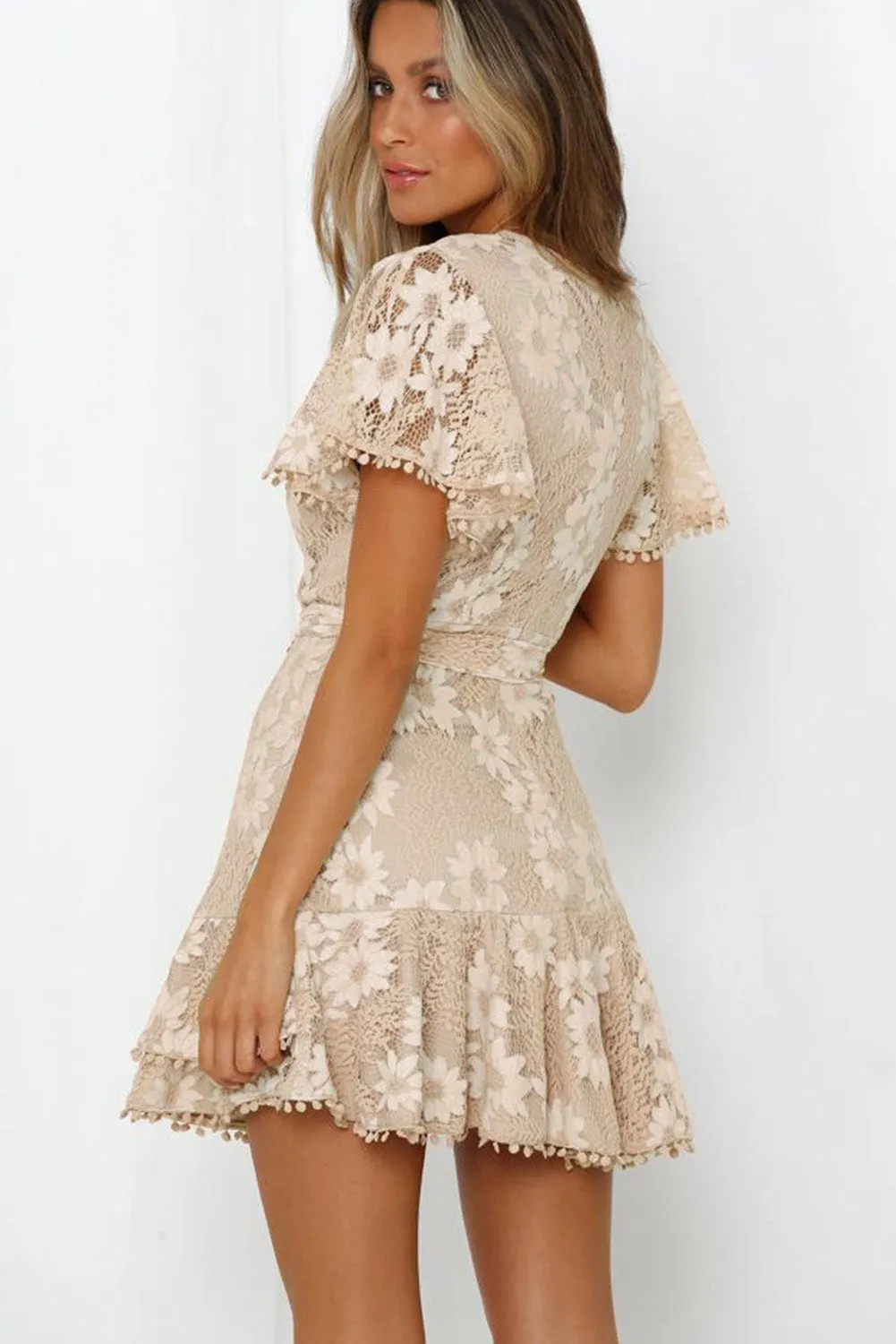 Apricot Flutter Sleeve Wrap V Neck Floral Lace Short Dress