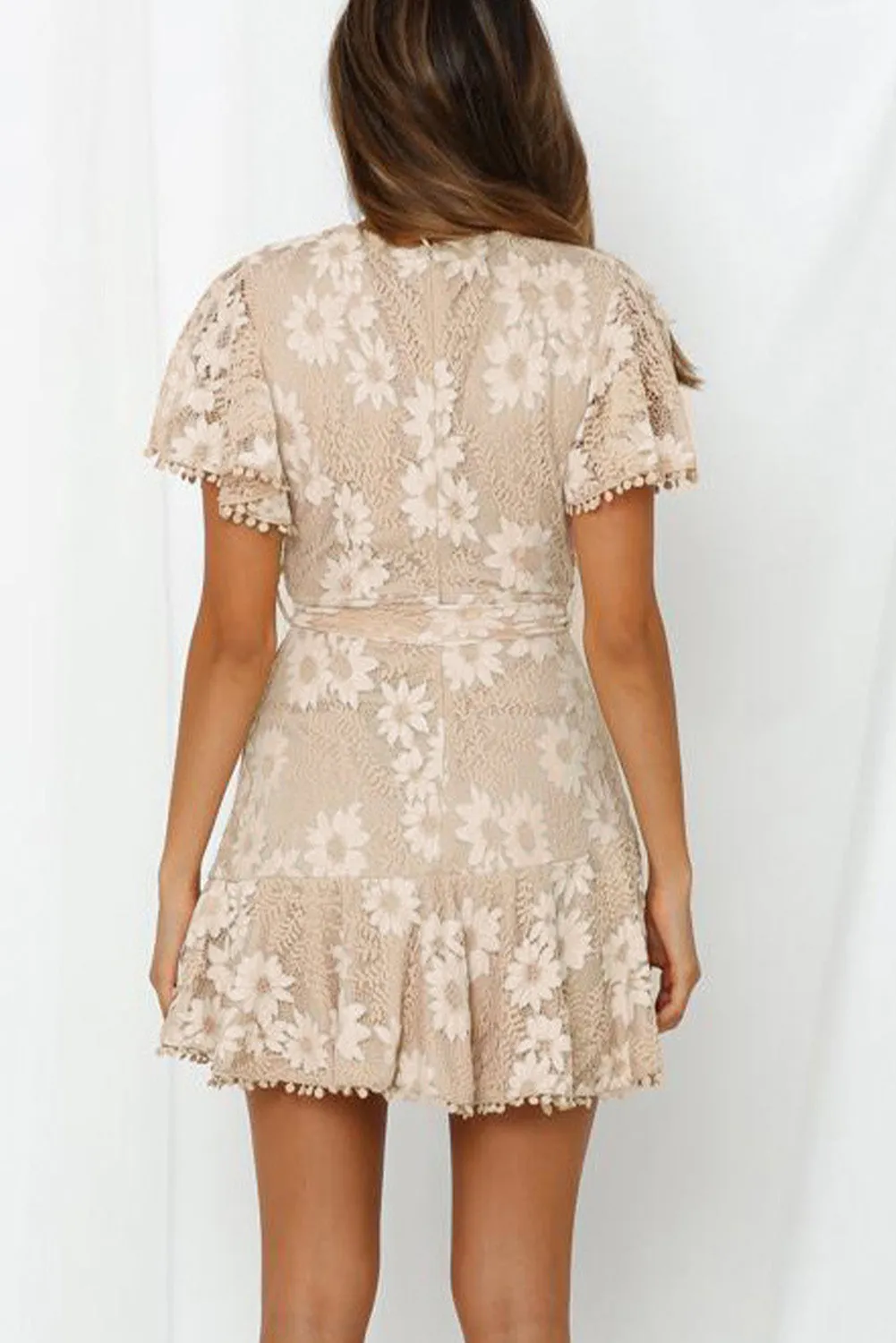Apricot Flutter Sleeve Wrap V Neck Floral Lace Short Dress