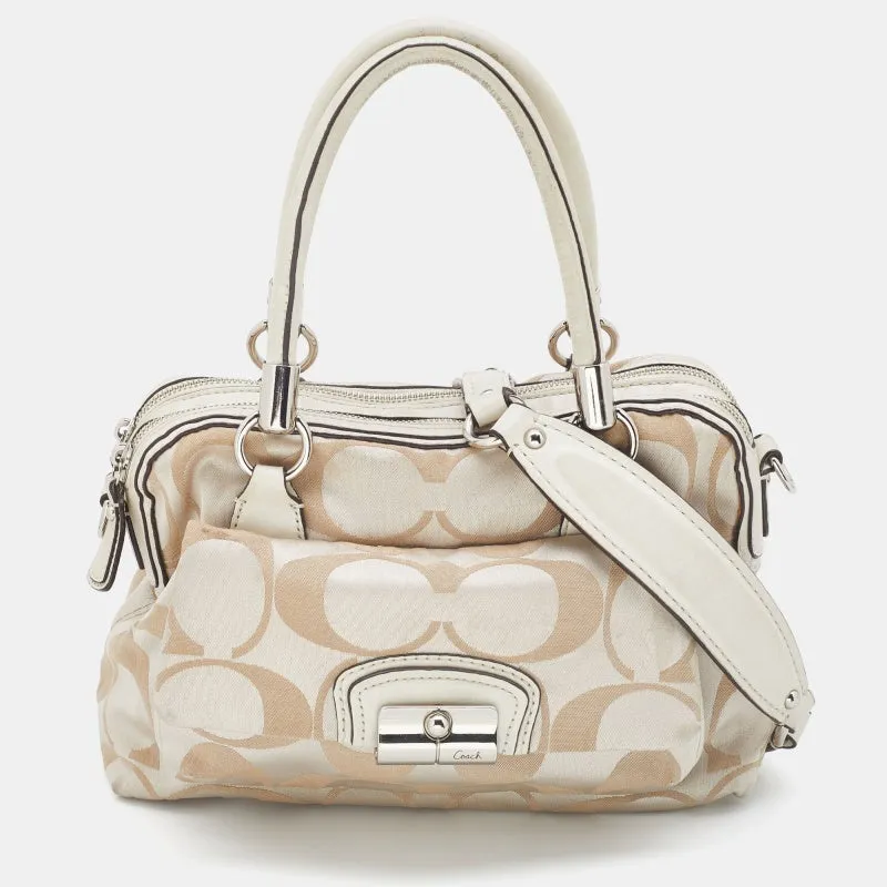 Beige Signature Canvas and Leather Buckle Satchel