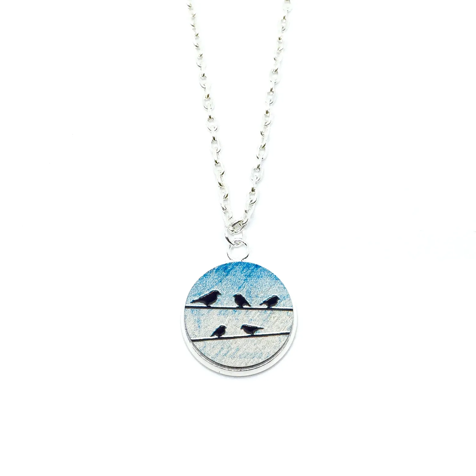 Birds On Power Line Wood Pendant Necklace - LM