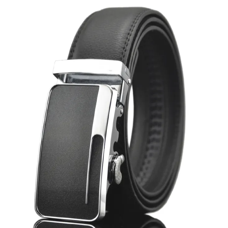 Black Belt Silver Buckle Mens Adjustable Ratchet Slide Buckle Belt - Genuine Leather Automatic