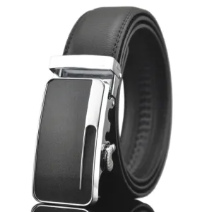Black Belt Silver Buckle Mens Adjustable Ratchet Slide Buckle Belt - Genuine Leather Automatic