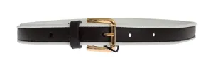 Black Leather Gold Buckle Logo Waist Belt
