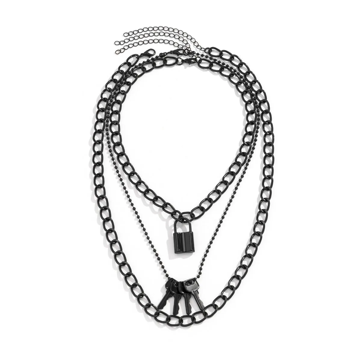 Black Lock & Key Pendant Necklace - Set Of Three
