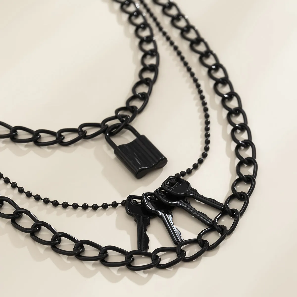 Black Lock & Key Pendant Necklace - Set Of Three