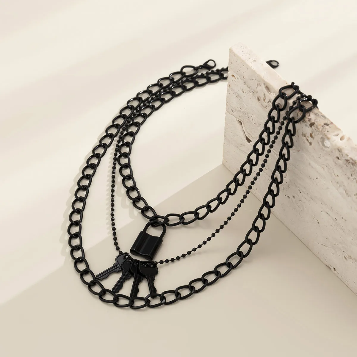 Black Lock & Key Pendant Necklace - Set Of Three