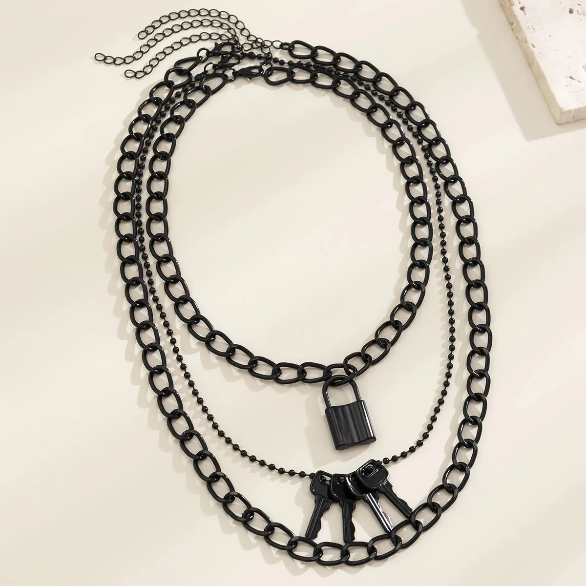 Black Lock & Key Pendant Necklace - Set Of Three