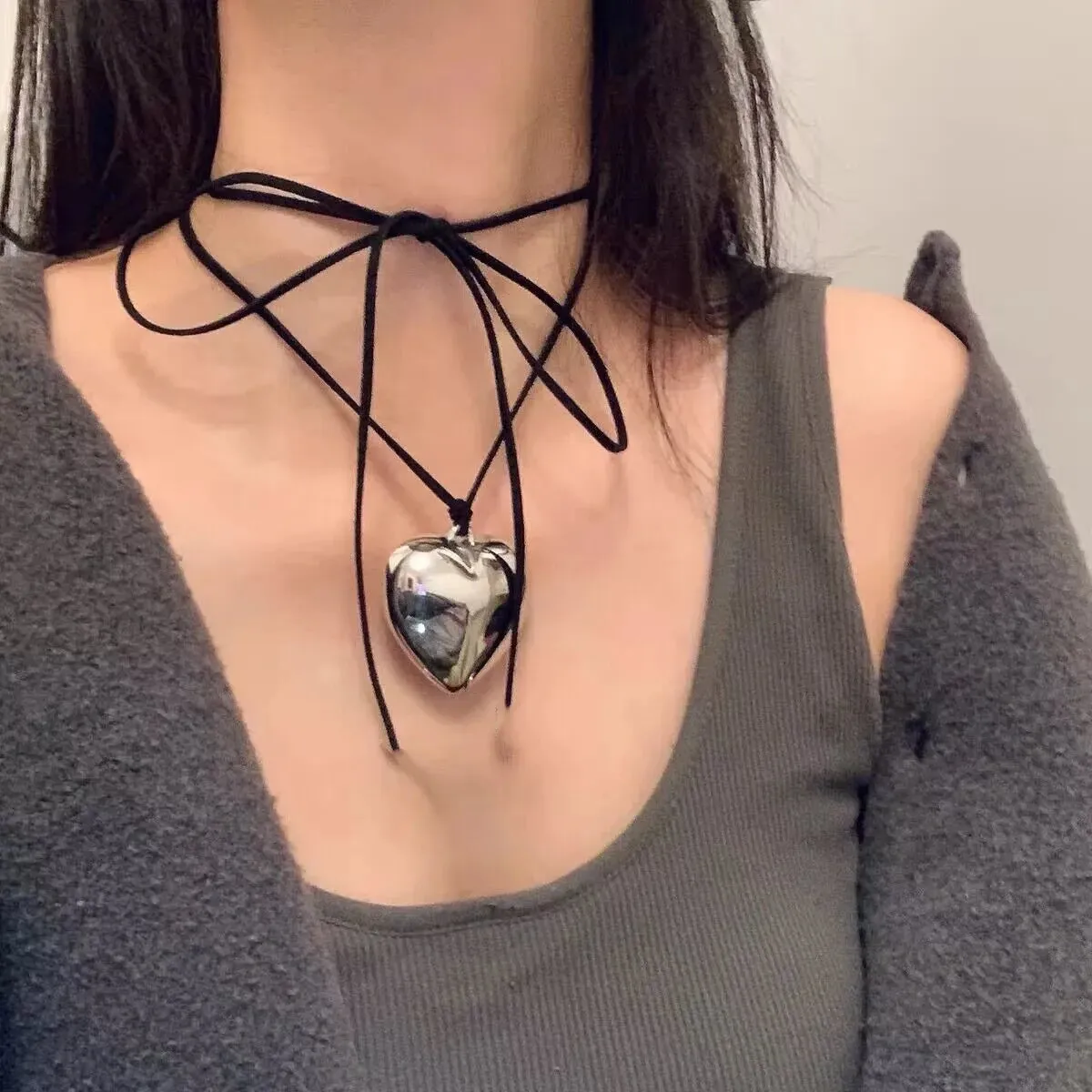 Black Velvet Punk Goth Big Heart Pendant Necklace