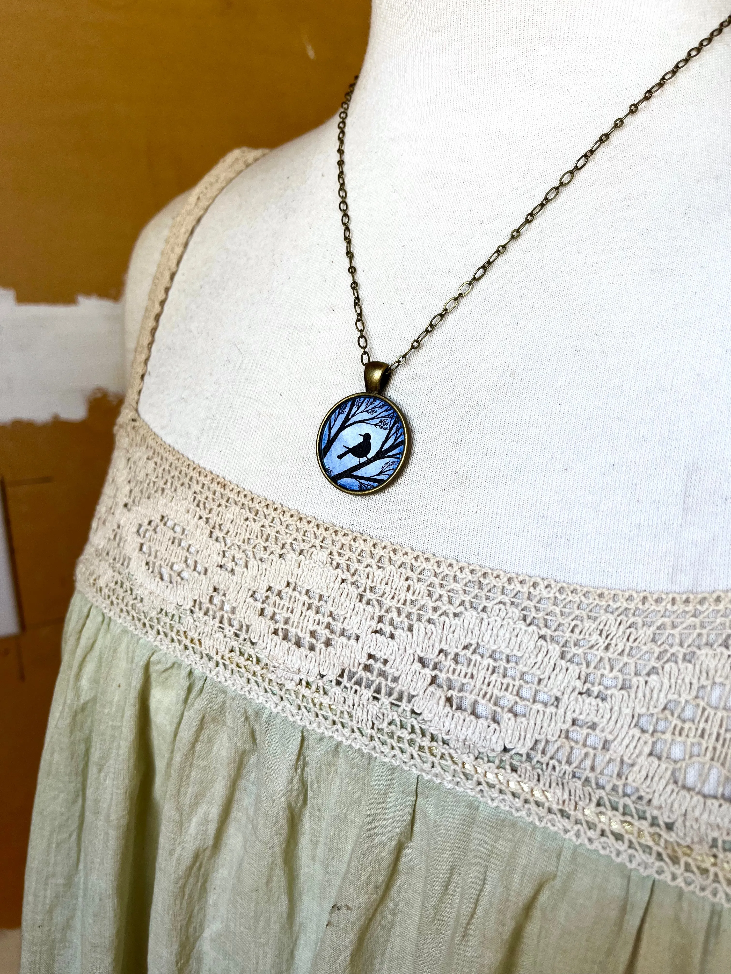 Blackbird Silhouette Painting, Watercolor Hand Painted Necklace, Original Art Pendant