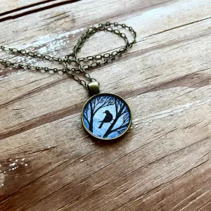 Blackbird Silhouette Painting, Watercolor Hand Painted Necklace, Original Art Pendant