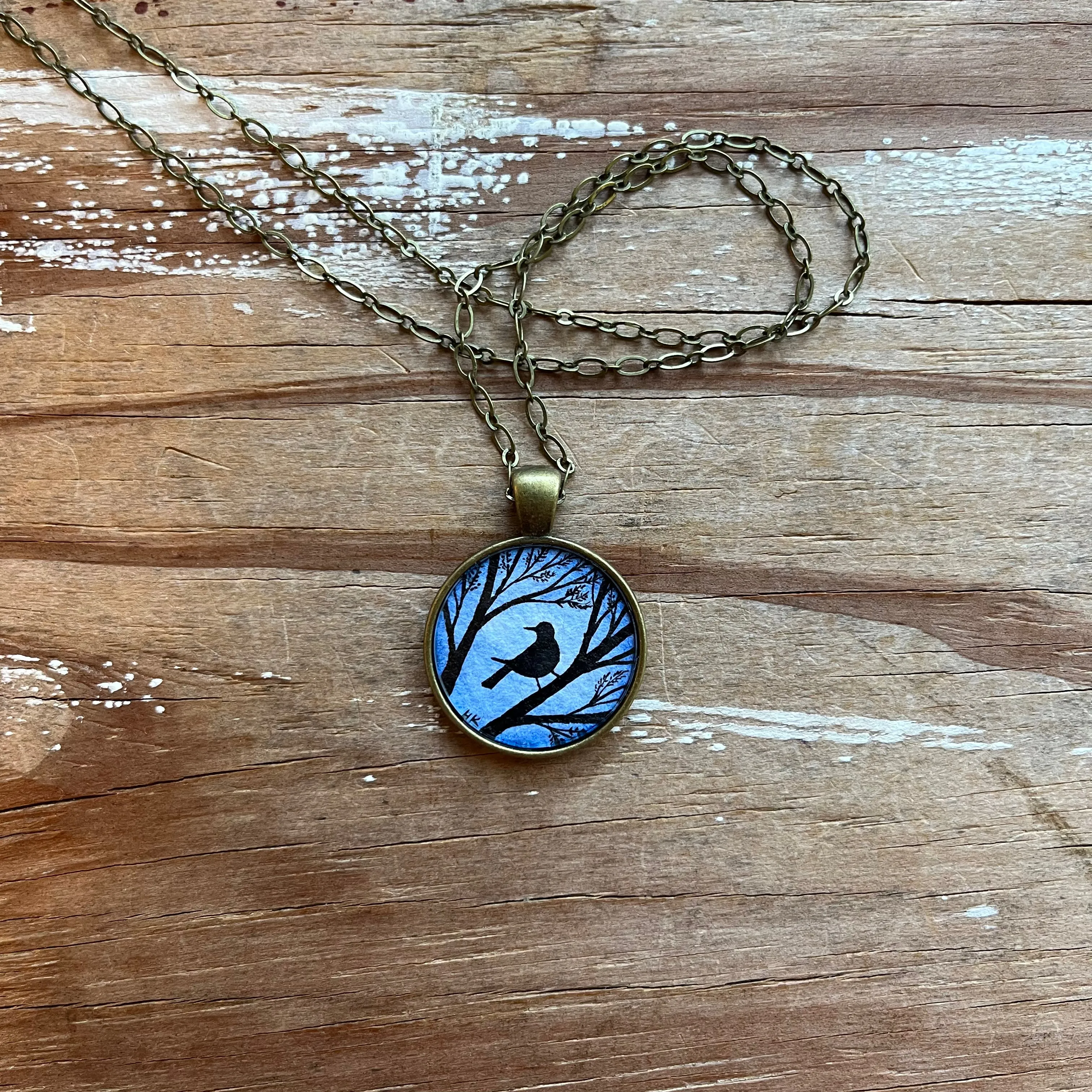 Blackbird Silhouette Painting, Watercolor Hand Painted Necklace, Original Art Pendant