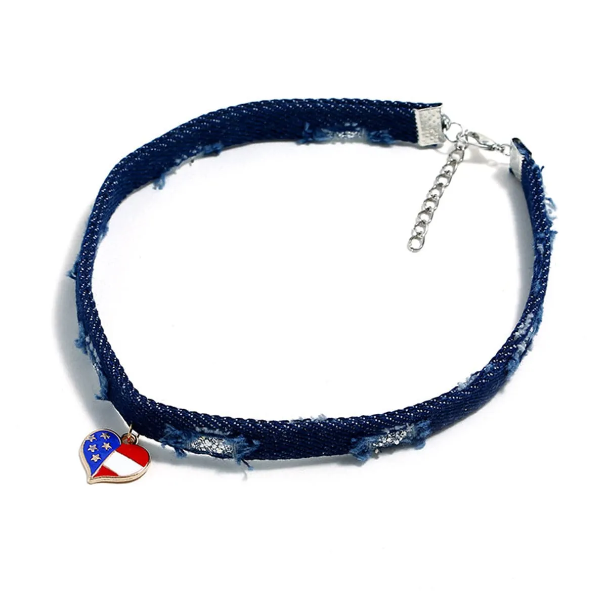 Blue & Silver-Plated American Flag Heart Choker Necklace