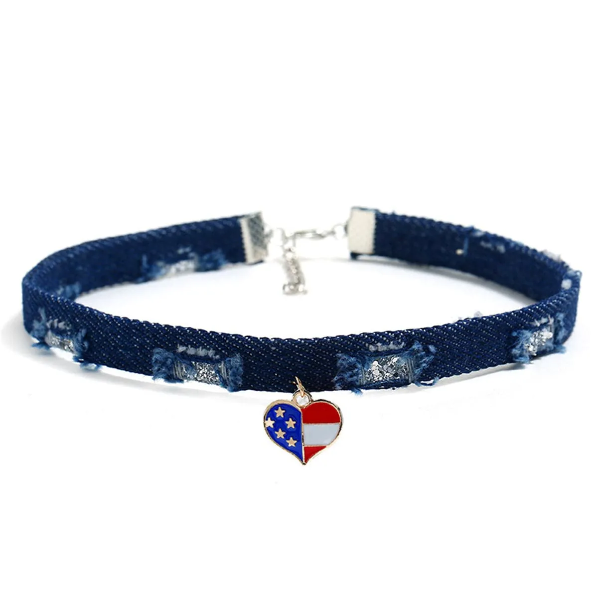 Blue & Silver-Plated American Flag Heart Choker Necklace