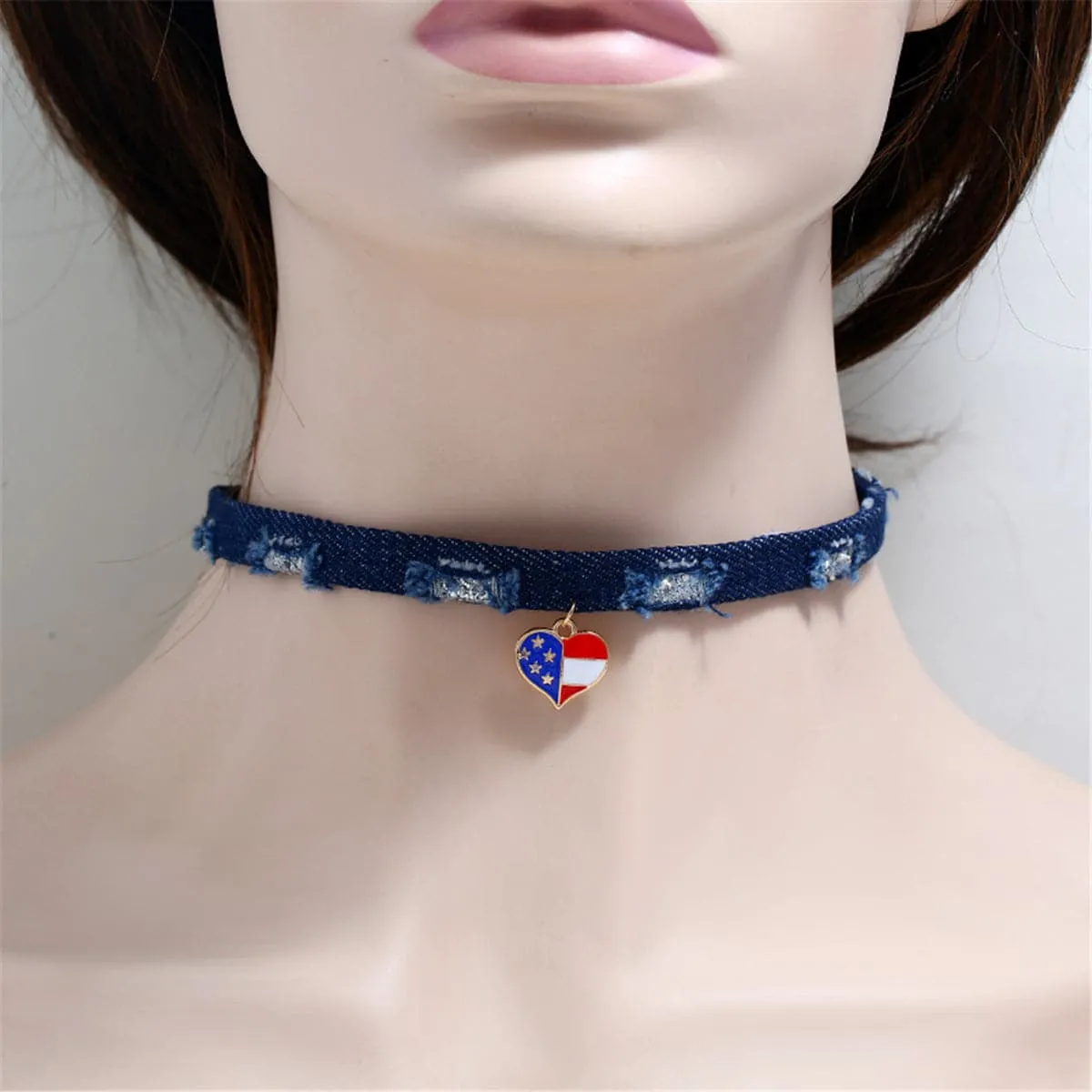 Blue & Silver-Plated American Flag Heart Choker Necklace