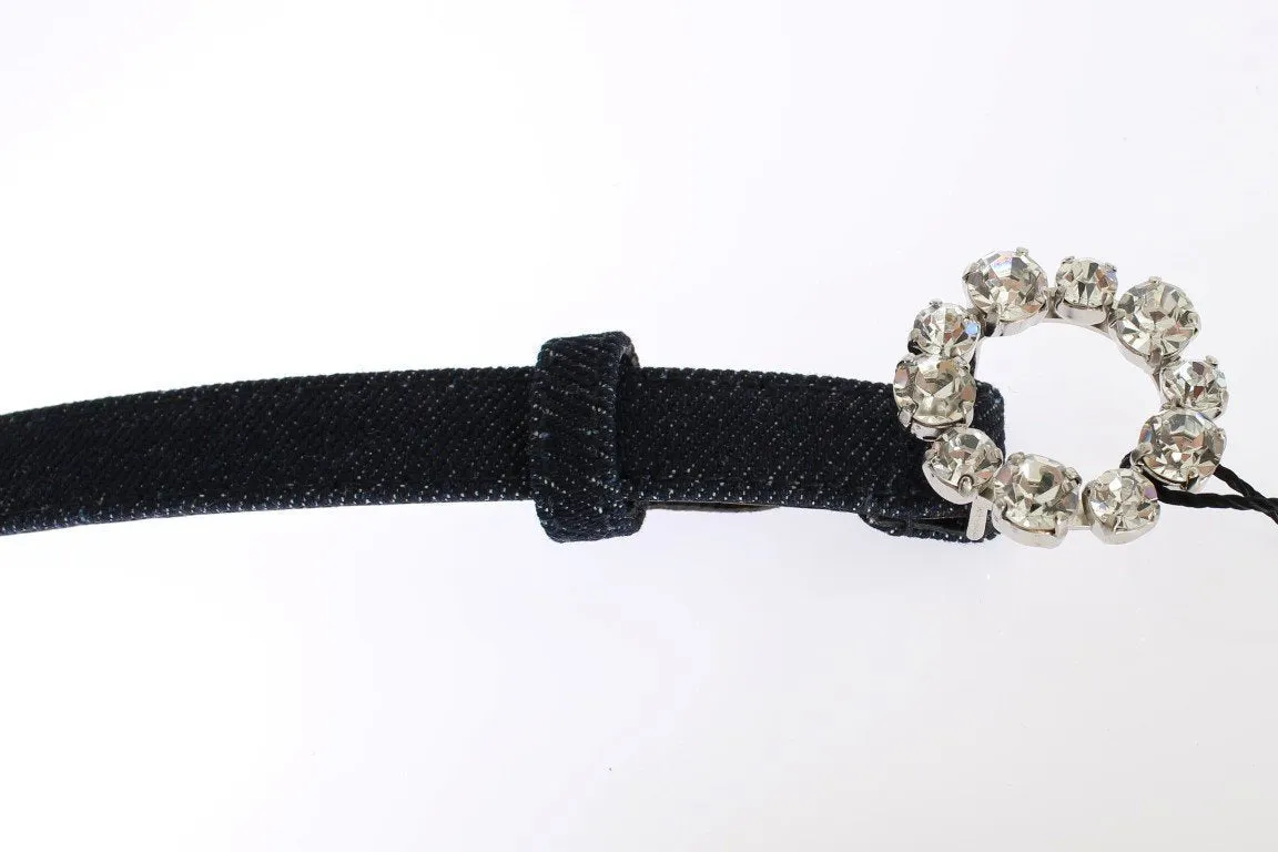 Blue Denim Leather Crystal Buckle Belt