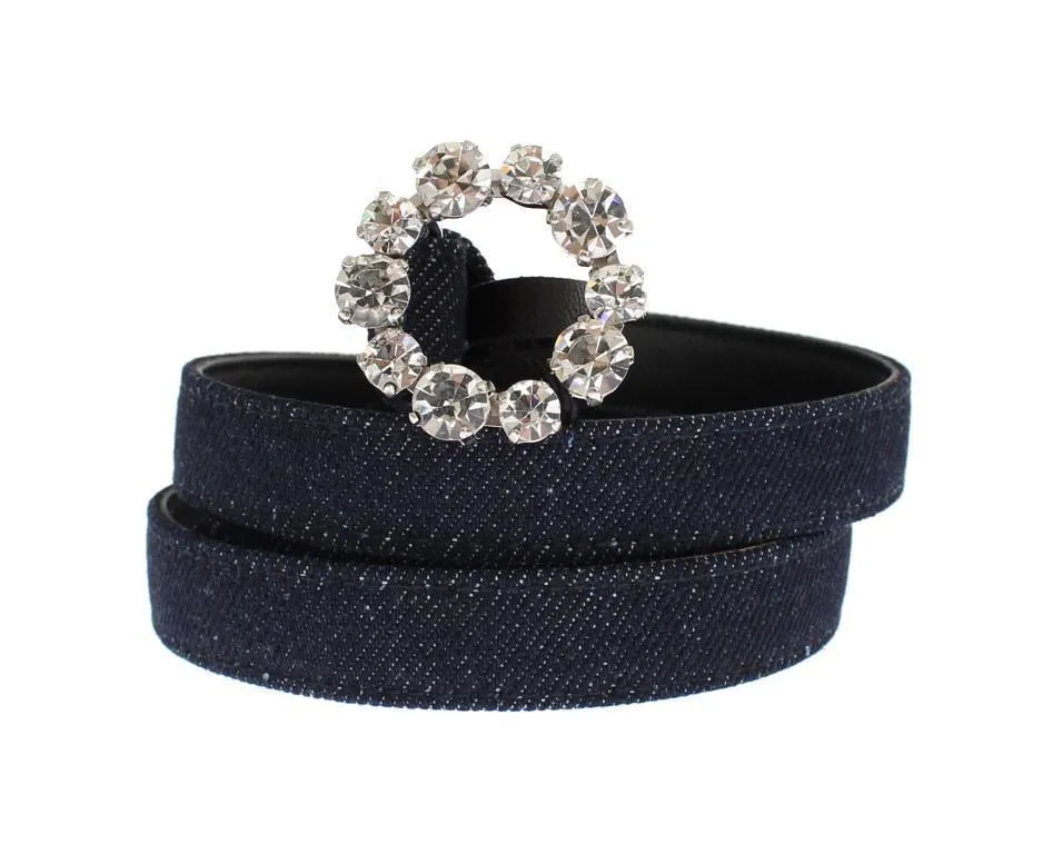 Blue Denim Leather Crystal Buckle Belt