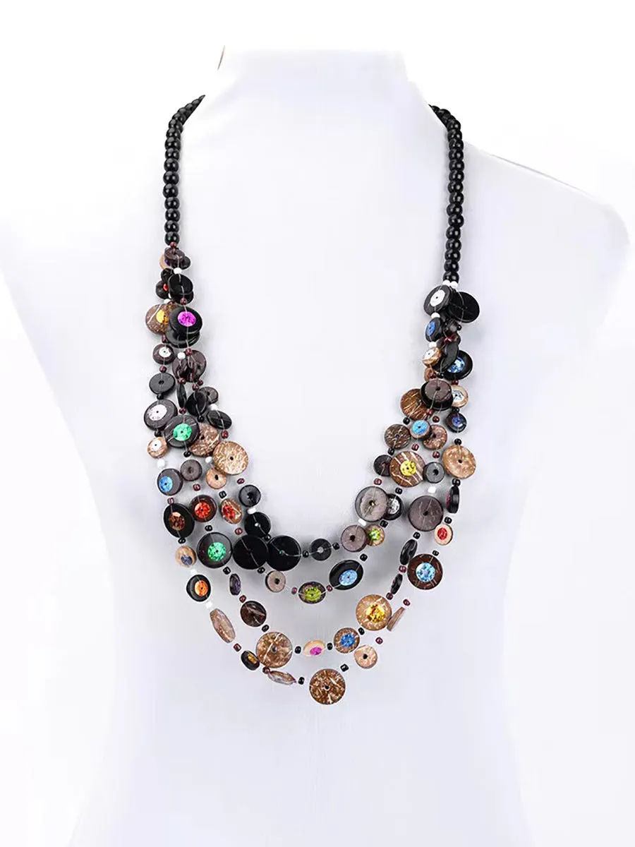 Bohemia Wooden Button Bead Multilayer Necklace