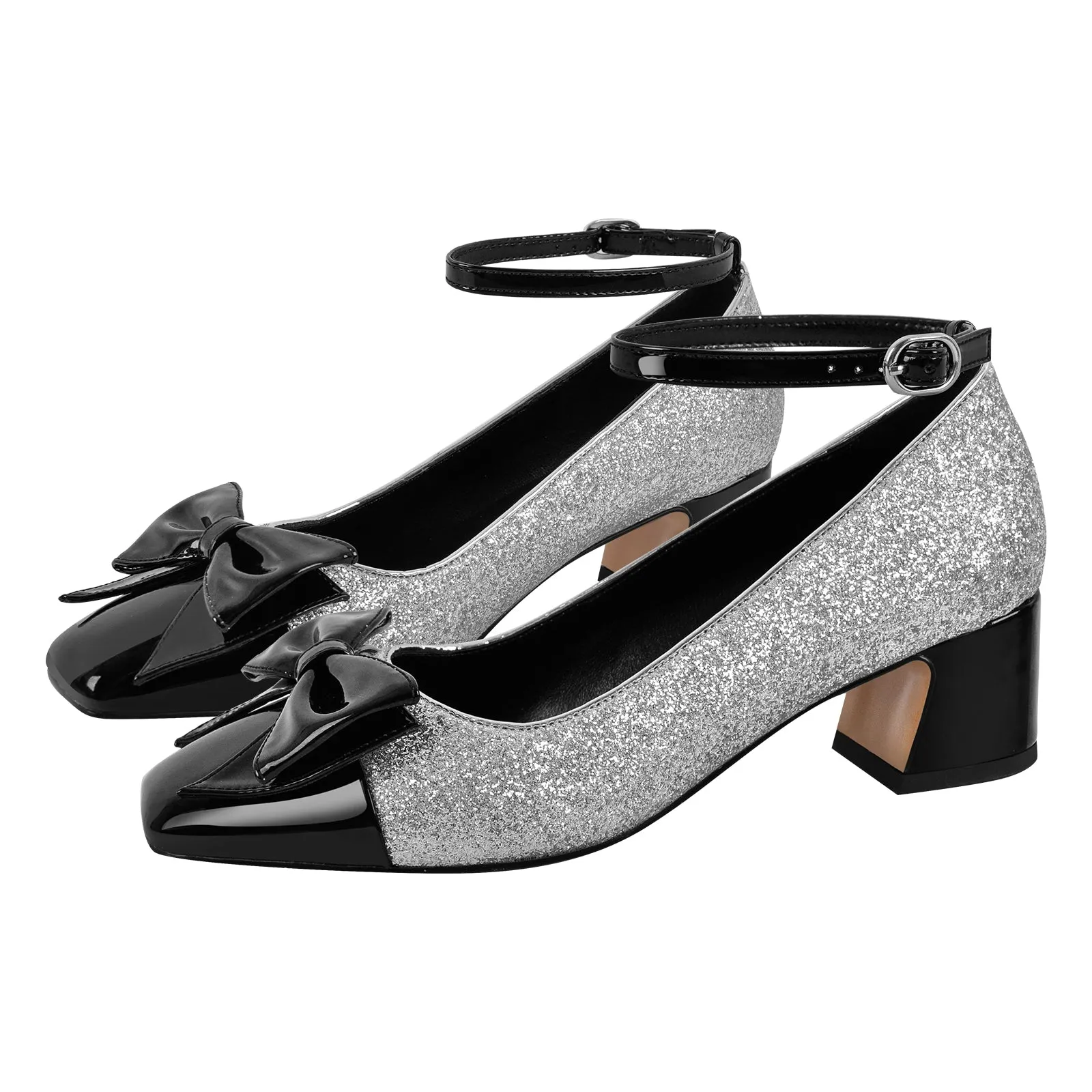 Bow Square Toe Glitter Ankle Strap Pumps