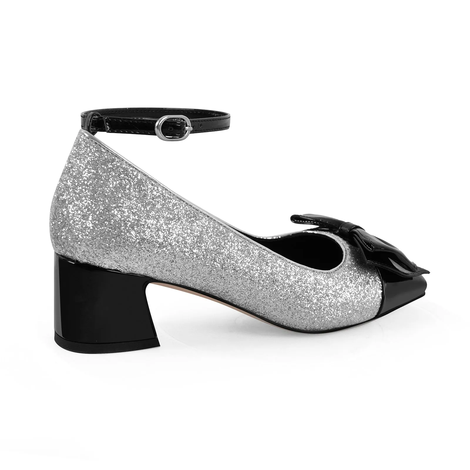 Bow Square Toe Glitter Ankle Strap Pumps