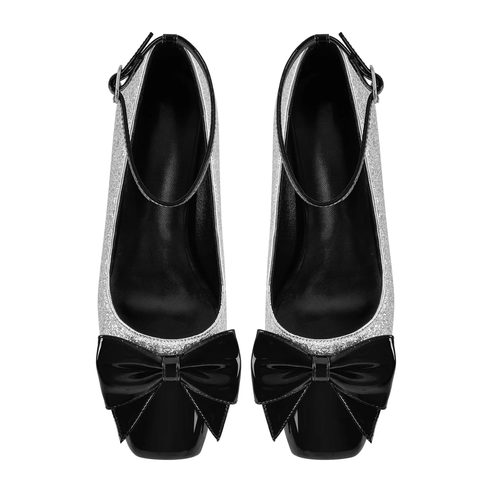 Bow Square Toe Glitter Ankle Strap Pumps