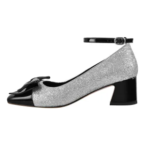 Bow Square Toe Glitter Ankle Strap Pumps