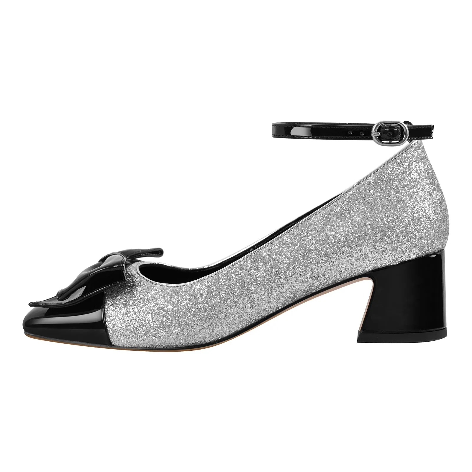 Bow Square Toe Glitter Ankle Strap Pumps