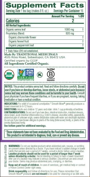 [Bundle Of 4] Traditional Medicinals Organic Smooth Move Senna Chamomile Tea, 16 bags  Exp: