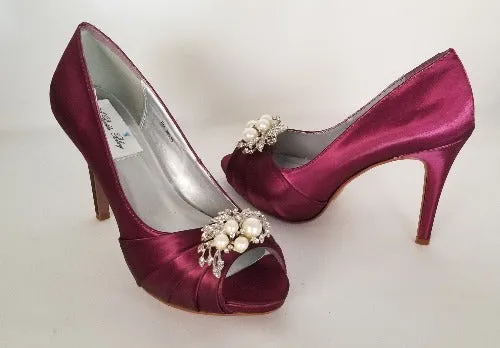 Burgundy Bridal Shoes Pearl and Crystal Design