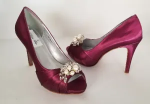 Burgundy Bridal Shoes Pearl and Crystal Design