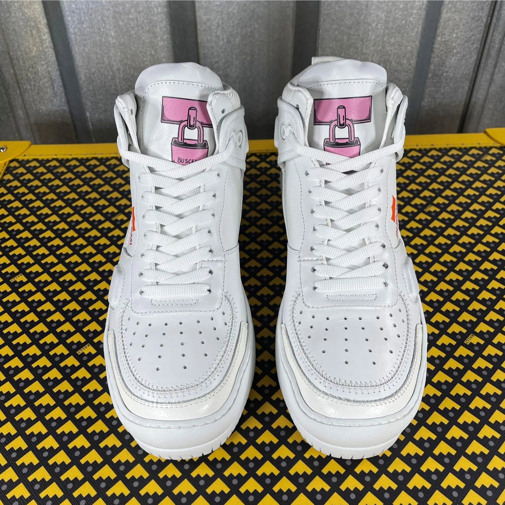 Buscemi Basket White/Pink Leather High Top Sneakers