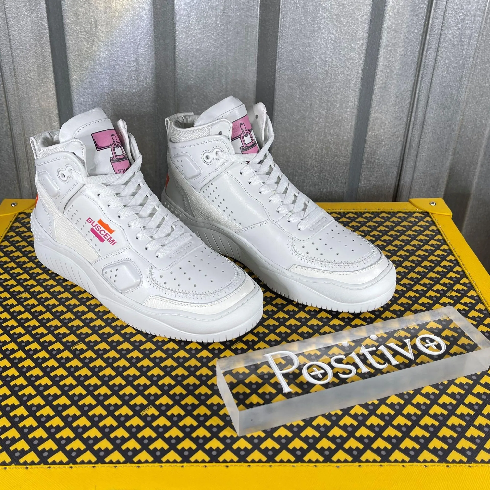 Buscemi Basket White/Pink Leather High Top Sneakers