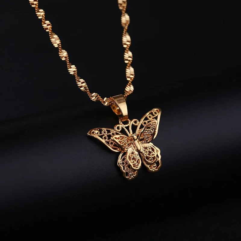 Butterfly Pendant Necklace For  Woman 10K Yellow Gold Wedding Jewelry