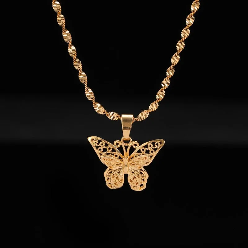 Butterfly Pendant Necklace For  Woman 10K Yellow Gold Wedding Jewelry