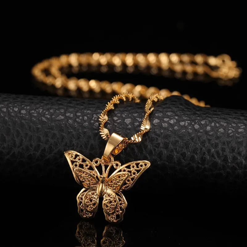 Butterfly Pendant Necklace For  Woman 10K Yellow Gold Wedding Jewelry