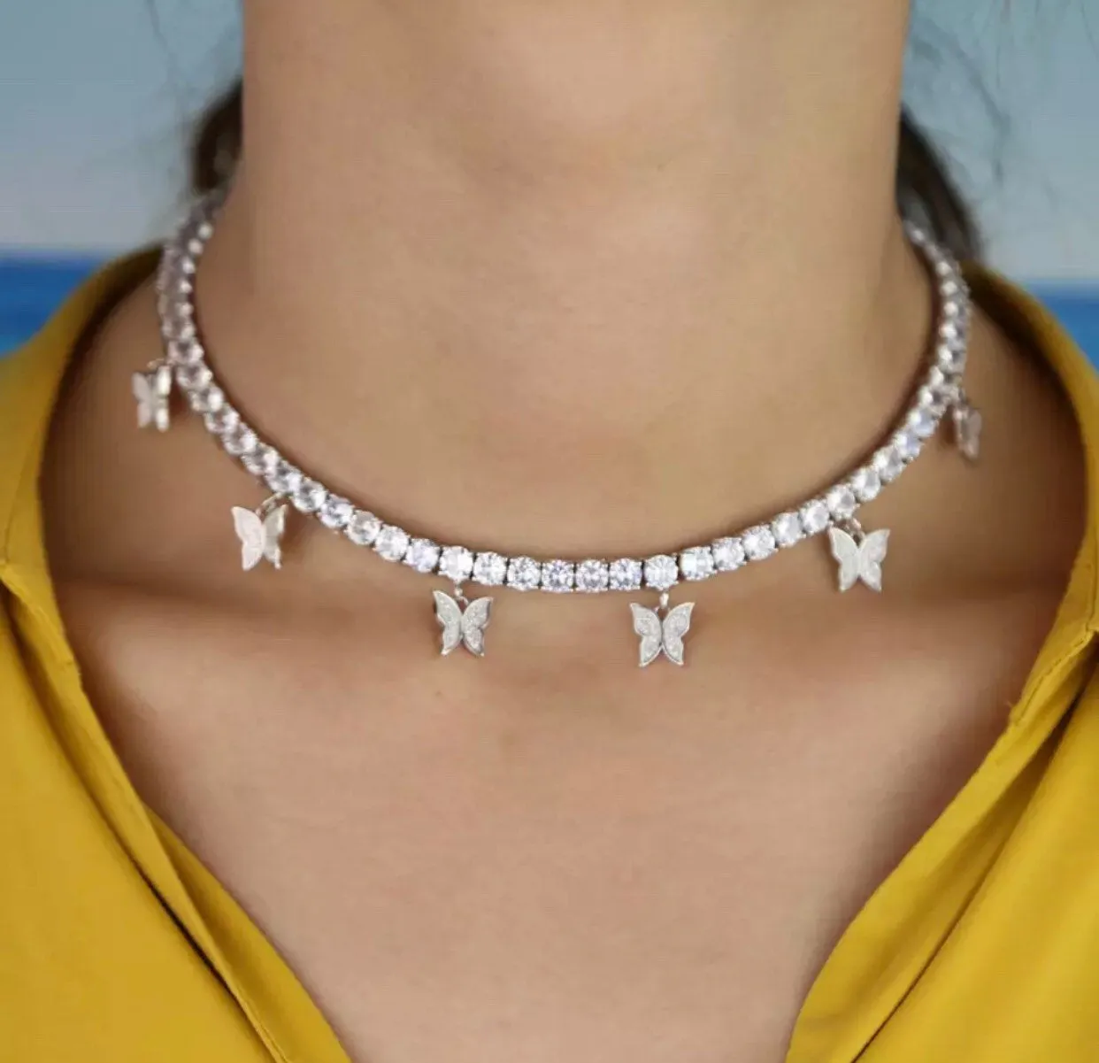 butterfly tennis choker , cz tennis butterfly necklace , bling iced tennis butterfly, butterfly necklace