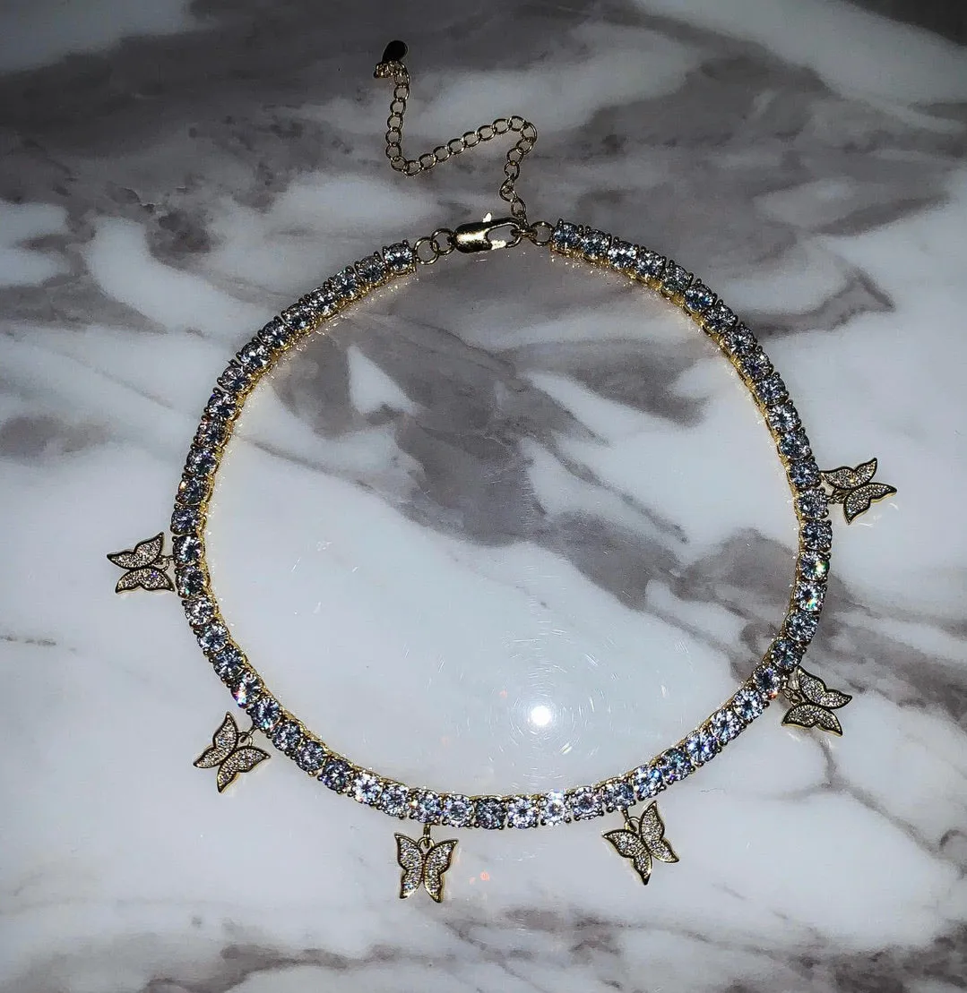 butterfly tennis choker , cz tennis butterfly necklace , bling iced tennis butterfly, butterfly necklace