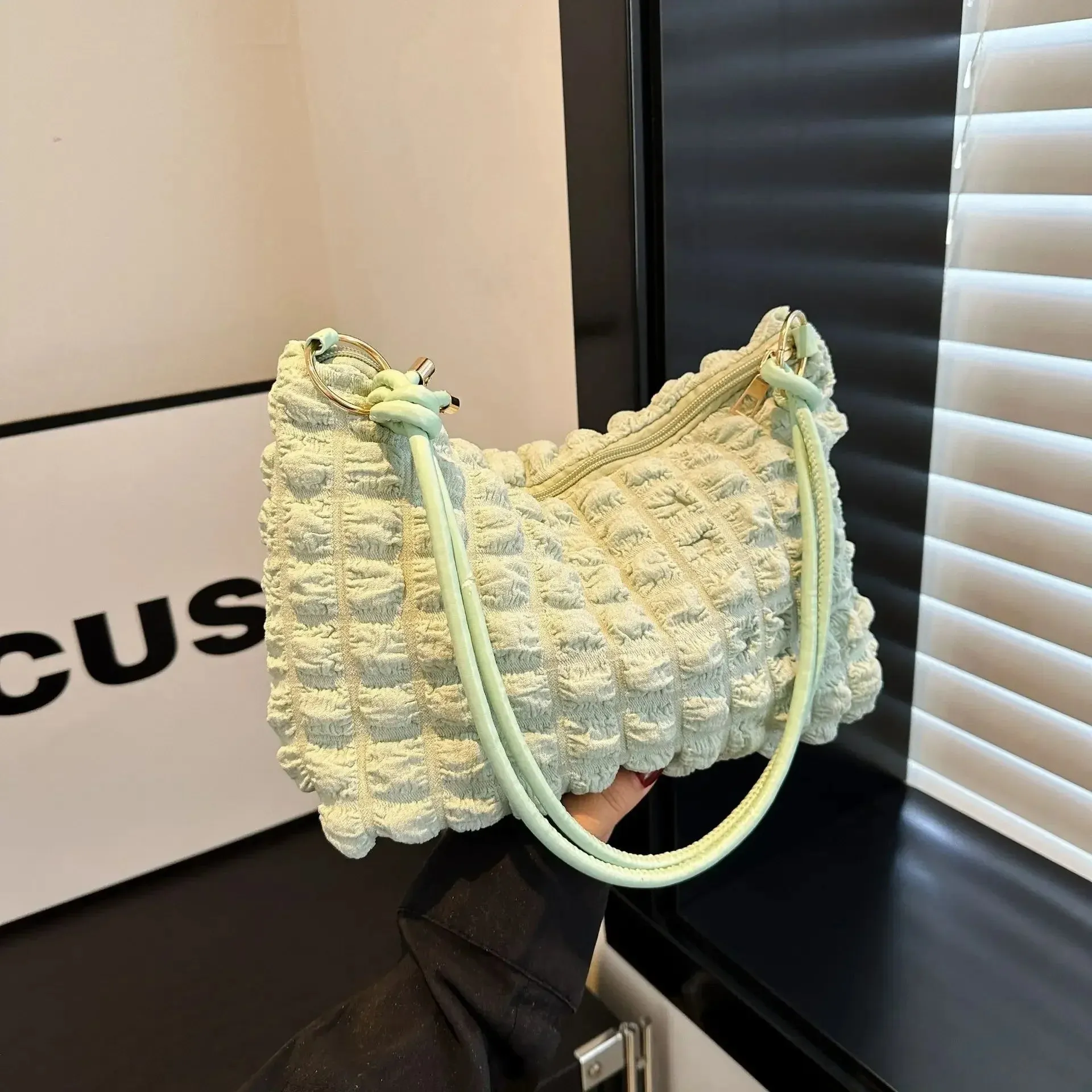 Canvas Pleated Shoulder Quilted Tote Bag
