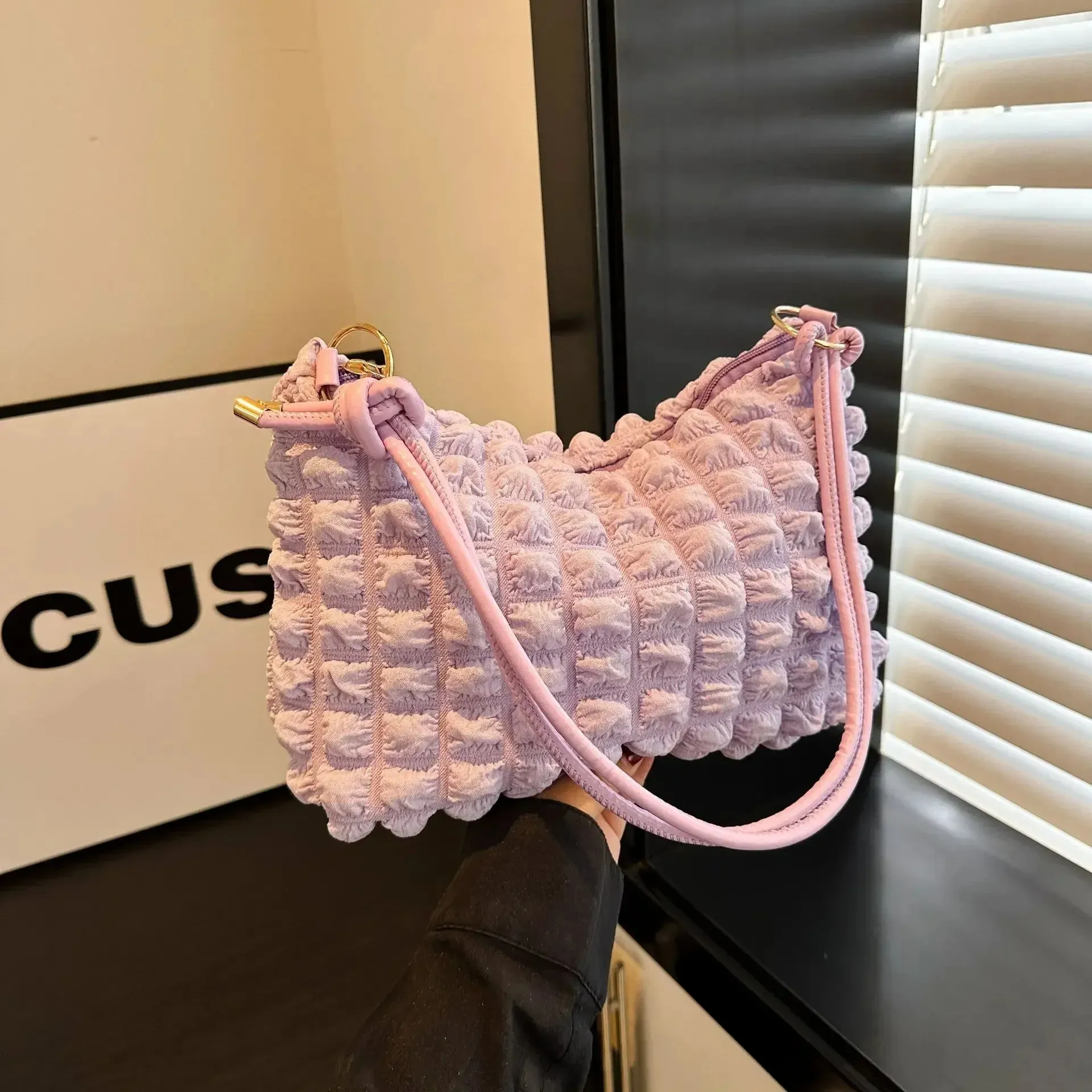 Canvas Pleated Shoulder Quilted Tote Bag