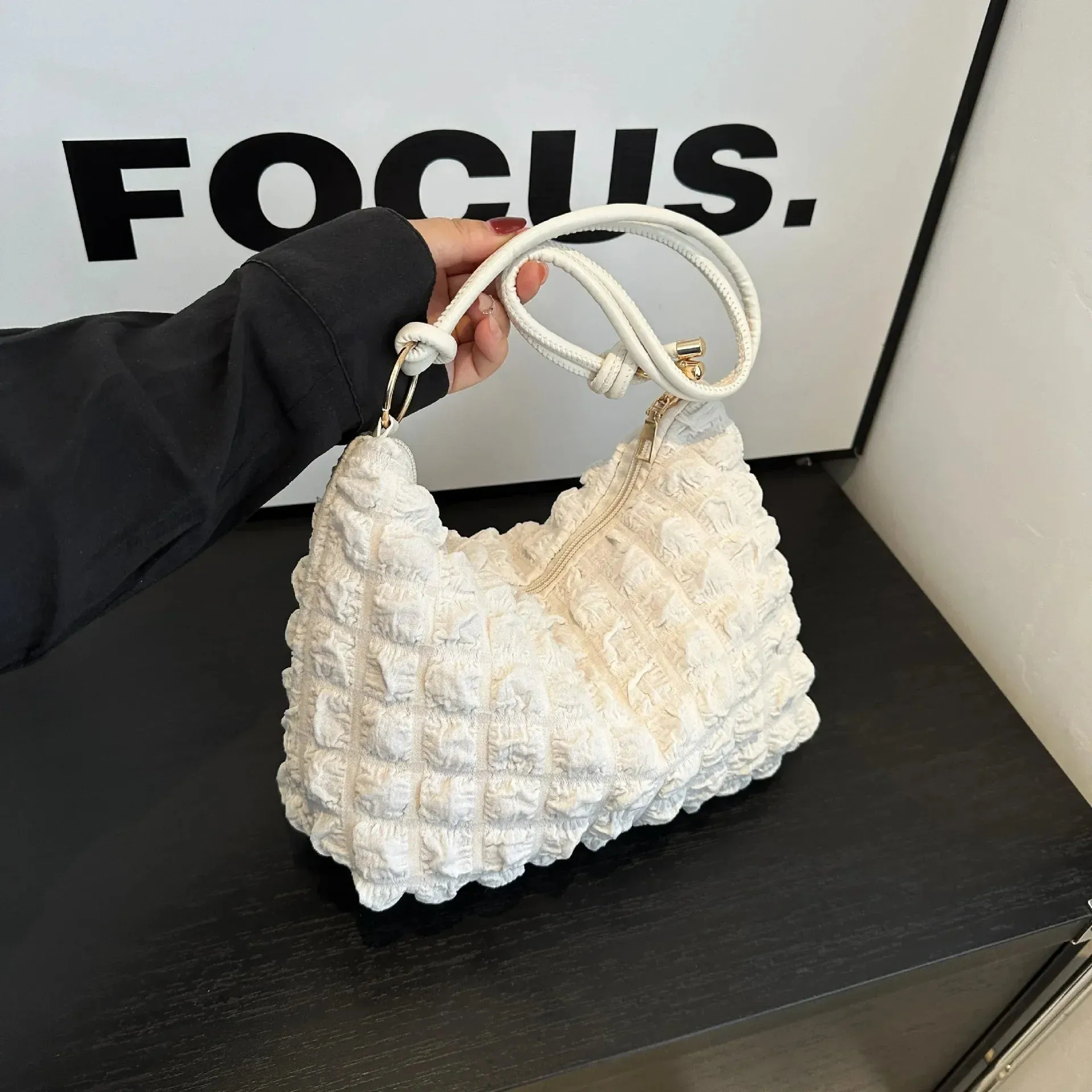 Canvas Pleated Shoulder Quilted Tote Bag