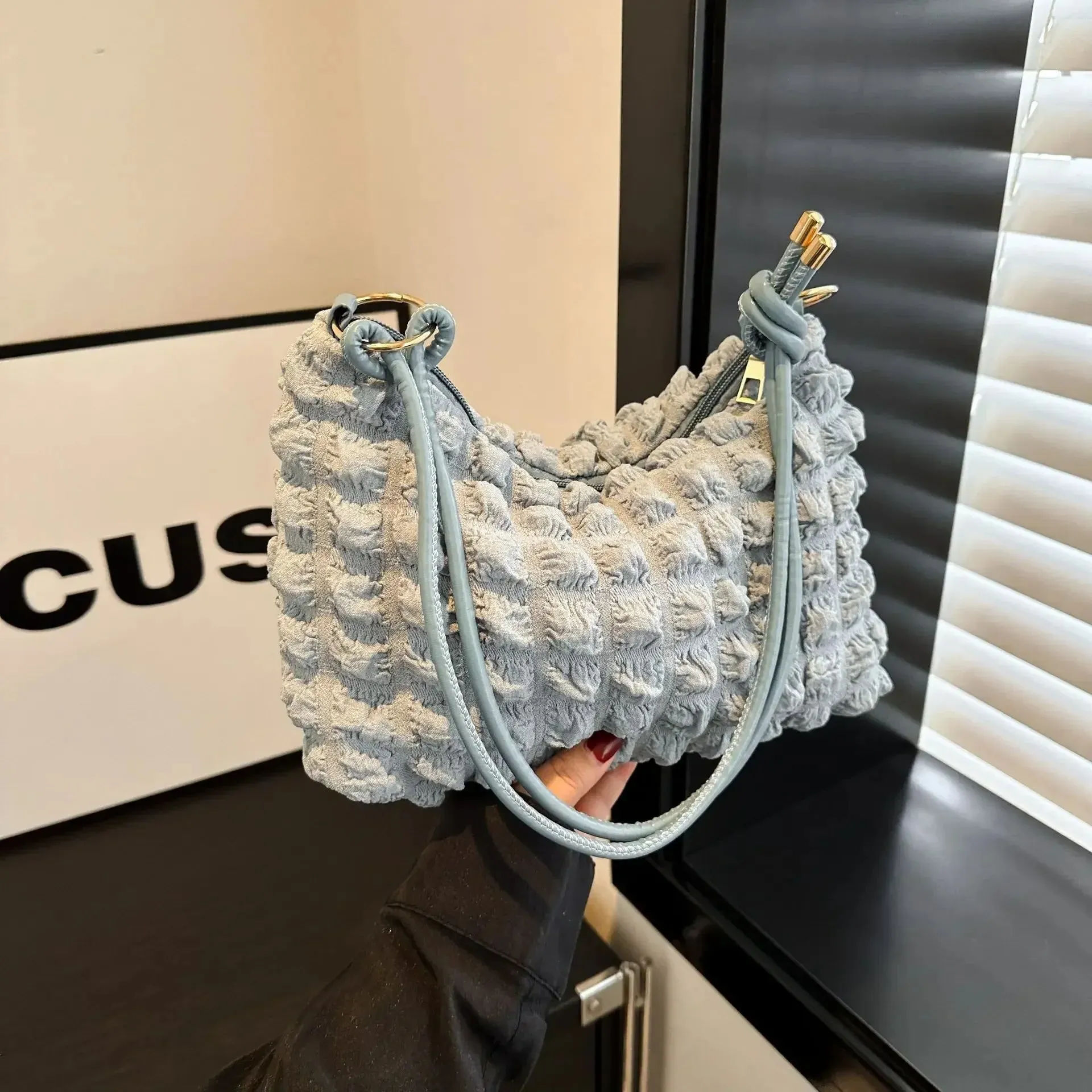 Canvas Pleated Shoulder Quilted Tote Bag