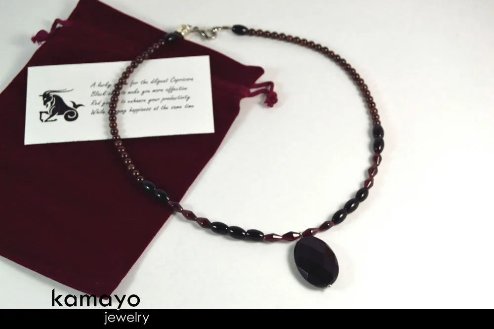 CAPRICORN CHARM NECKLACE - Faceted Black Onyx Pendant and Red Garnet Beads