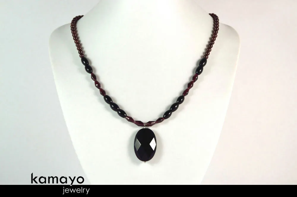 CAPRICORN CHARM NECKLACE - Faceted Black Onyx Pendant and Red Garnet Beads
