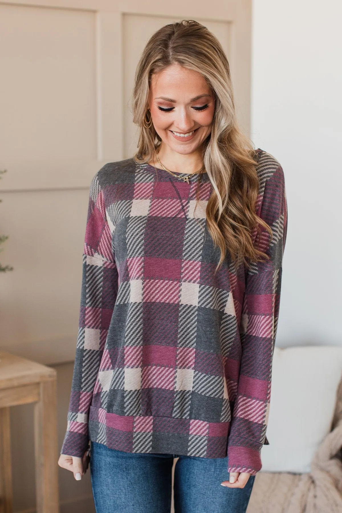 Caught By Surprise Plaid Knit Top- Charcoal