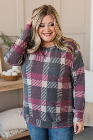Caught By Surprise Plaid Knit Top- Charcoal
