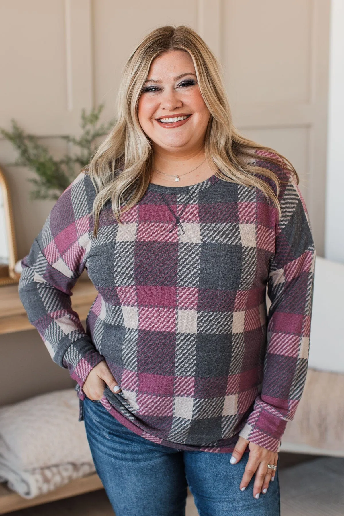 Caught By Surprise Plaid Knit Top- Charcoal