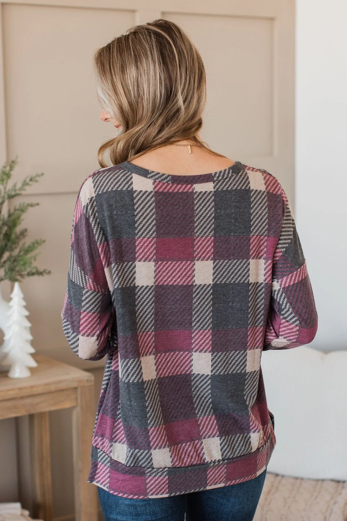 Caught By Surprise Plaid Knit Top- Charcoal